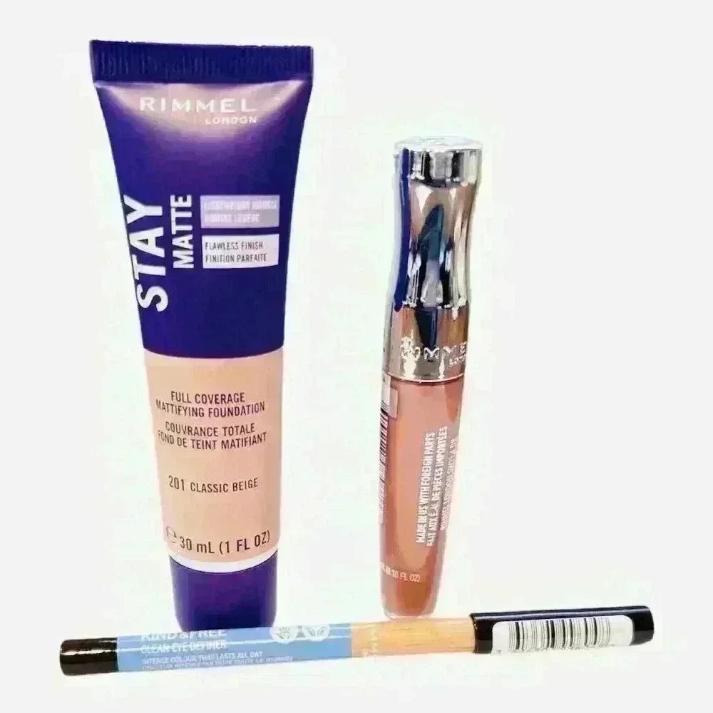 Rimmel London Stay Matte Liquid Foundation Classic Beige, Lip Gloss, Eye Liner